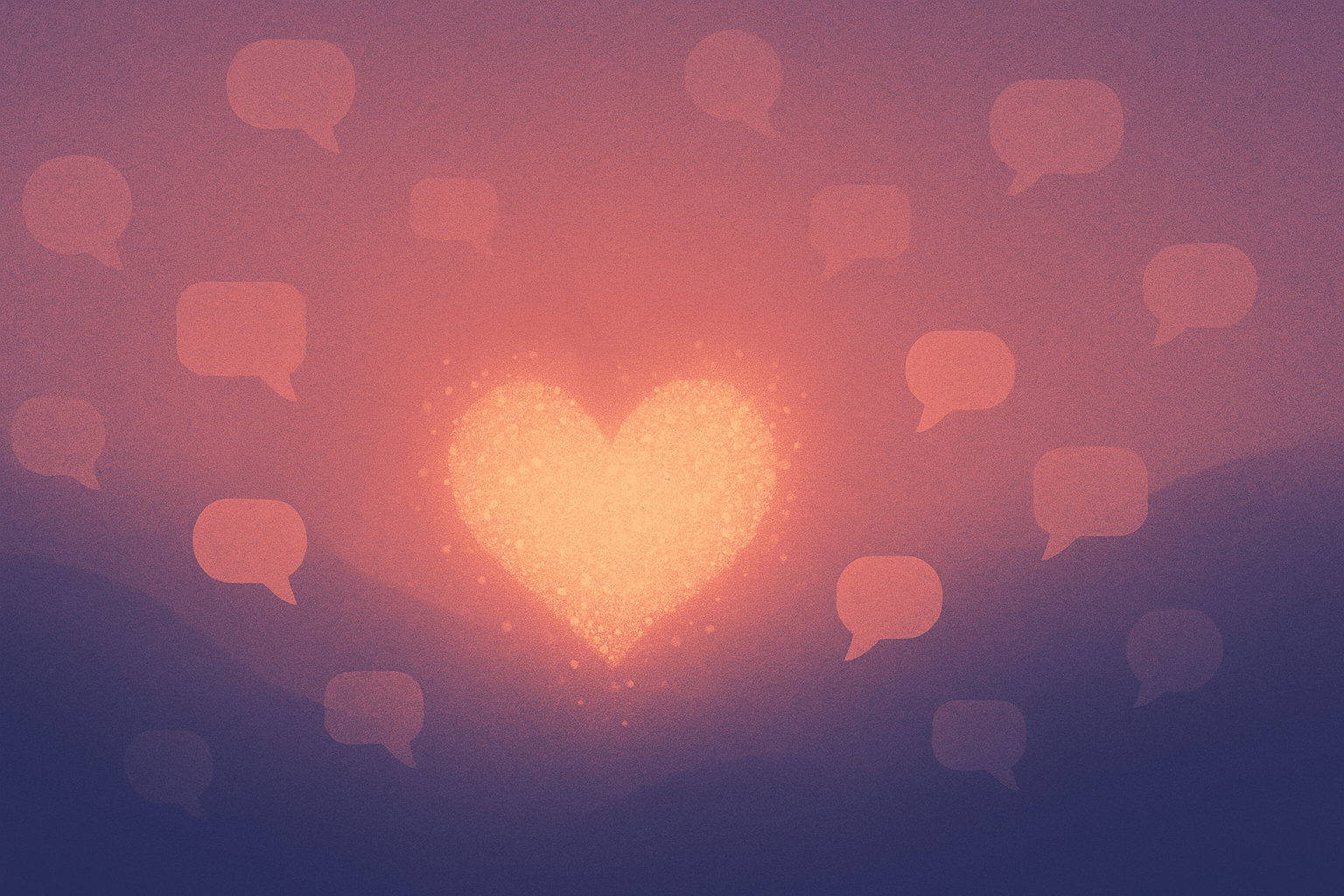 A glowing heart of warm light particles surrounded by soft floating speech bubbles at twilight, picking an AI companion that fits you