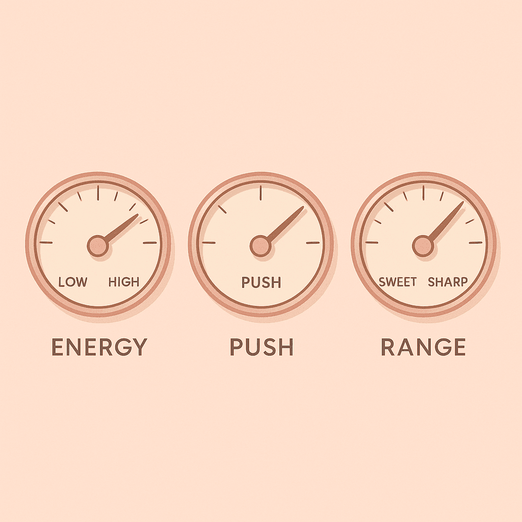 Three radial dials labeled Energy, Push, and Range, the three personality axes for picking an AI girlfriend that fits you